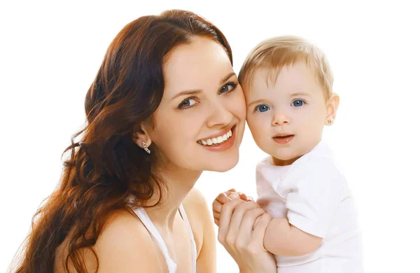 Portrait close-up happy smiling mother holding her baby isolated — Stock Photo, Image