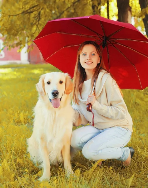 Mujer sonriente sentada con Golden Retriever perro juntos escondiéndose bajo el paraguas en la hierba en el parque —  Fotos de Stock