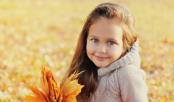 Zamknij Portret Szczęśliwego Uśmiechniętego Dziecka Żółtymi Liśćmi Klonu Jesiennym Parku — Zdjęcie stockowe