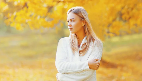 Portret Pięknej Młodej Blondynki Słonecznym Jesiennym Parku — Zdjęcie stockowe