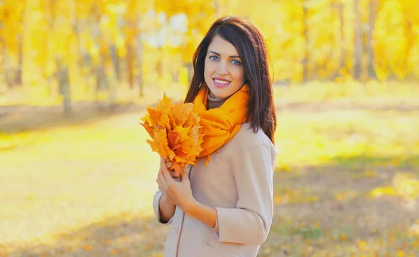 Portrait Belle Femme Brune Portant Une Écharpe Avec Des Feuilles — Photo