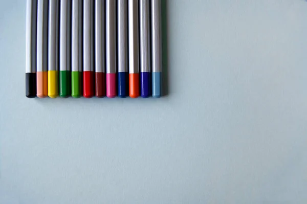 Açık Gri Arka Planda Birçok Renkli Kalemler Yatar Sanat Konsepti — Stok fotoğraf