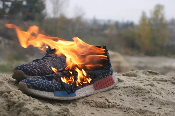 森の砂の上で燃える青いスニーカーを使用 コンセプト スポーツだ 誰もいない — ストック写真