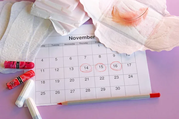 Almohadillas Tampones Menstruales Calendario Del Período Menstruación Con Fondo Lila — Foto de Stock