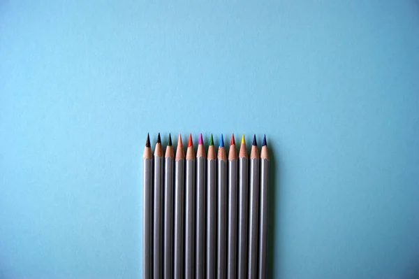 Many Color Pencils Lies Light Blue Background Art Concept — Stock Photo, Image