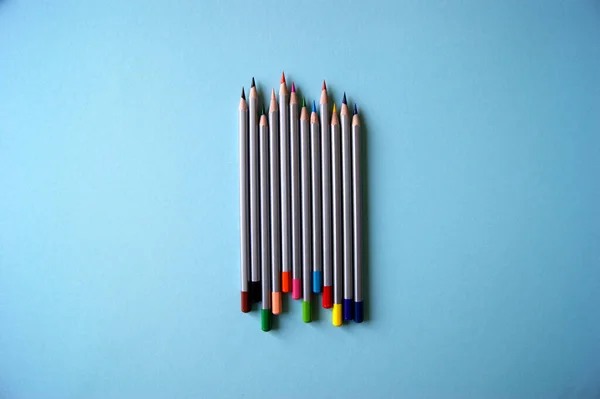Many Color Pencils Lies Light Blue Background Art Concept — Stock Photo, Image