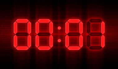Karanlık gösteride kırmızı parıldayan dijital saatler 00: 01 zaman