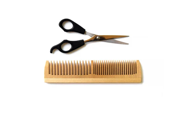 Wooden Comb Scissors Haircut Isolated White Background Concept Changing Hairstyles — Stock Photo, Image