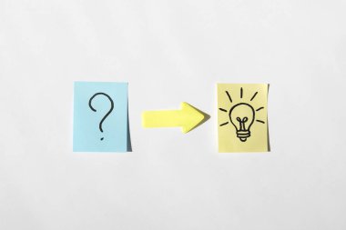 Üzerinde soru işareti ve ok olan bir çıkartma iyi bir fikrin işareti olarak bir lamba çıkartmasını işaret ediyor. İş, yönetim, piyasa, yaratıcılık kavramı.