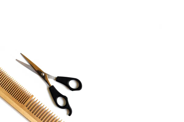 Wooden Comb Scissors Haircut Isolated White Background Concept Changing Hairstyles — Stock Photo, Image