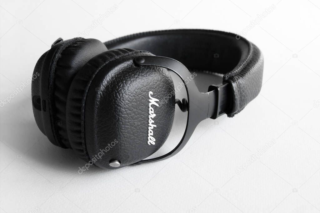 KHARKOV, UKRAINE - APRIL 6, 2020 : Marshall Bluetooth headphones, wireless, on a white background.