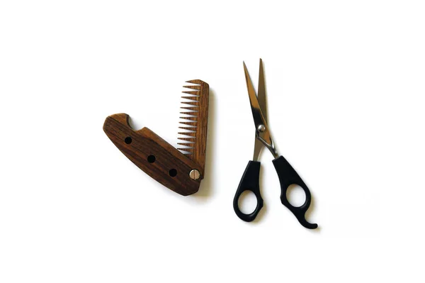 Male Wooden Comb Beard Hair Scissors Haircut Isolated White Background — Stock Photo, Image