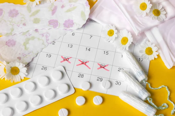 Cuscinetti Mestruali Tamponi Sul Calendario Del Periodo Mestruale Con Camomille — Foto Stock