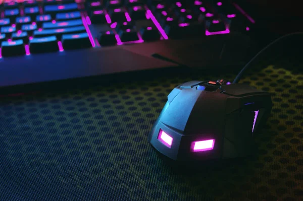 Gamer Workspace Concept View Gaming Mouse Keyboard Pink Led Dark — Stock Photo, Image