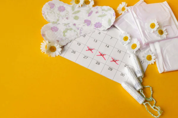 月经期日历上的月经垫和卫生棉条 黄底有洋甘菊 关键日子里的女性健康 个人卫生概念 — 图库照片