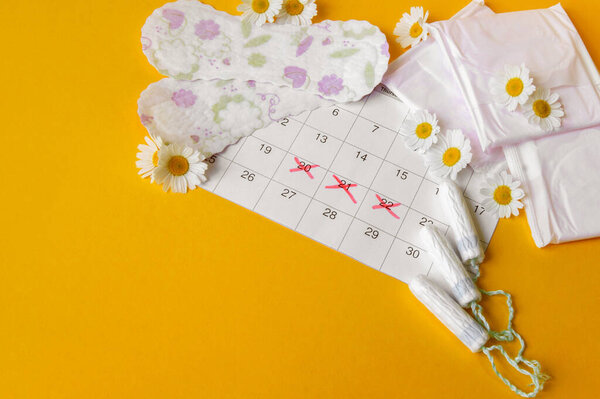 Menstrual pads and tampons on menstruation period calendar with chamomiles on yellow background. The concept of female health, personal hygiene during critical days.