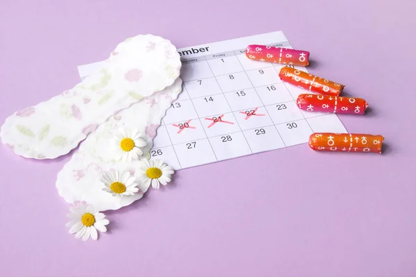 Menstrual pads and tampons on menstruation period calendar with chamomiles on pink background. The concept of female health, personal hygiene during critical days.