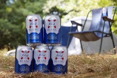 KHARKOV, UKRAINE - 23 Ağustos 2020: Birkaç kutu Kronenbourg 1664 Blanc hafif bira. Kronenbourg, uluslararası bira şirketi Carlsberg Group 'un önde gelen markalarından biridir..