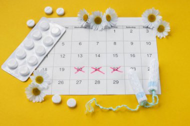 Adet takviminde regl pedi ve tampon. Sarı arka planda papatyalar. Kadın sağlığı kavramı, kritik günlerde kişisel hijyen.