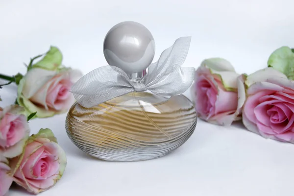 Perfume Bottle Rose Light Background Perfumery Cosmetics Fragrance Collection — Stock Photo, Image