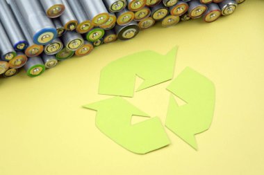 Kullanılmış AA bataryalar ve çevresel atık ve yeşil arka planda toprak toksik bataryalar. Zararlı ve geri dönüşümlü nesnelerin işlenmesi kavramı.