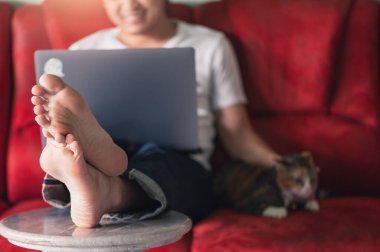 Genç adam evde bilgisayar kullanıyor.