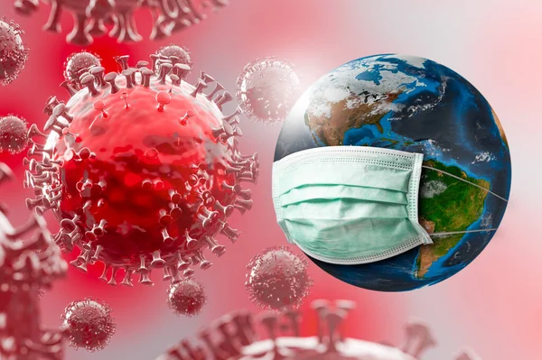 Nasa tarafından desteklenen bu görüntünün uzay ve elementinde tıbbi bir maske takan gezegenin soyut görüntüsü. Coronavirus konsepti, covit-19, tıbbi ve sağlık hizmetleri.