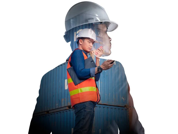 Pekerja Helm Dan Seragam Terisolasi Latar Belakang Putih — Stok Foto
