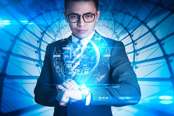 Businessman Point Hologram His Smartwatch — Zdjęcie stockowe