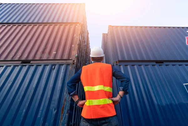 Güneş doğarken konteyner alanının yakınındaki mühendisin soyut görüntüsü. Mühendislik, nakliye, tersane, iş ve ulaşım kavramı.