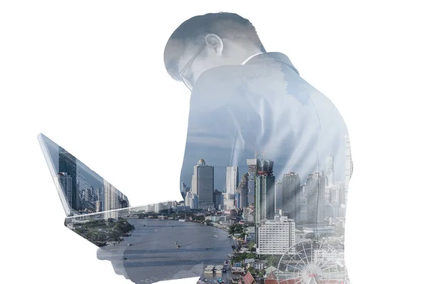 Double Exposure Businessman Using Laptop Cityscape Background — Stock Photo, Image