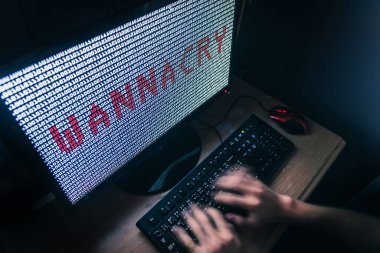 Hacker karanlıkta kötü amaçlı bir yazılım geliştiriyor. Ekranın önünde klavyeyi yazan geliştirici.