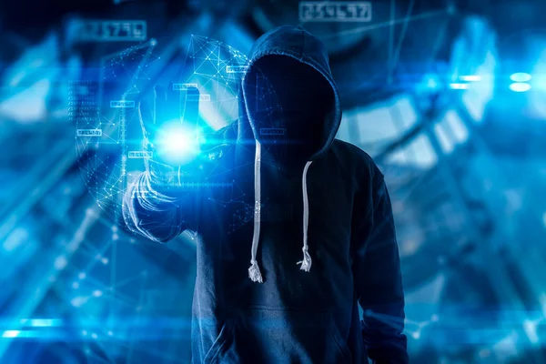 Hacker Holds Futuristic Hologram — 图库照片