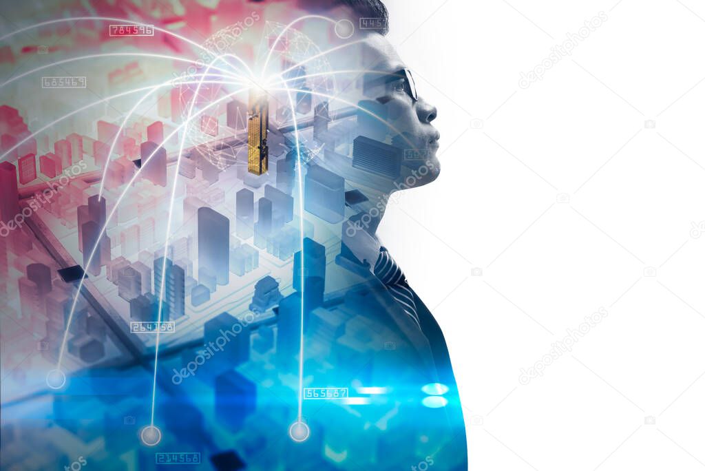 The double exposure image of the businessman thinking overlay with cityscape image and futuristic hologram. The concept of modern life, business, city life and internet of things.