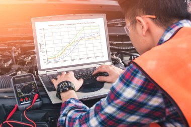 Asyalı teknisyen garajdaki dizüstü bilgisayarda arabanın motor grafiğini analiz ediyor. otomotiv, onarım, mekanik, araç ve teknoloji kavramı.
