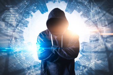 Hacker 'ın çifte pozlama görüntüsü şehir görüntüsüyle örtüşüyor 