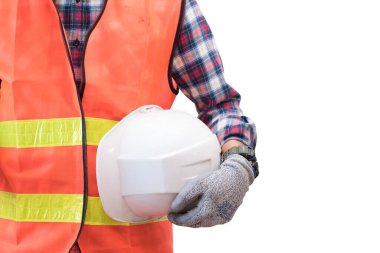 Teknisyen miğferinin izole edilmiş görüntüsü ve beyaz arka plan. Endüstriyel, onarım, mekanik, kaynak ve teknoloji kavramı