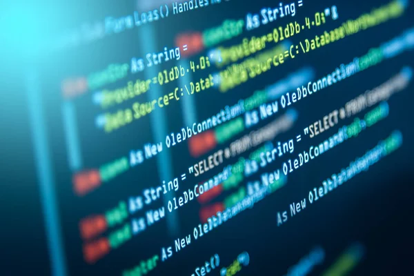 Masaüstü bilgisayar ekranındaki kaynak kodun soyut görüntüsü. Kodlama, programlama, geliştirme, yazılım, eğitim ve teknoloji kavramı.