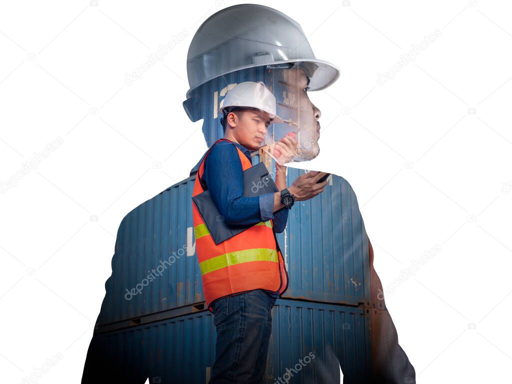 abstract image of engineer using a smartphone in the container yard. the concept of communication network internet of things and engineer.