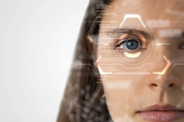 Double Exposure Image Businesswoman Eye Overlay Futuristic Hologram Concept Modern Stock Picture