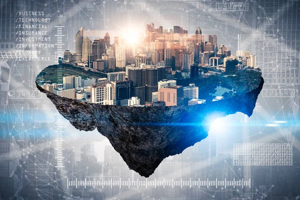 Renklerin yarısını ve siyah ve beyazı gösteren fütüristik şehir manzarası adasının izole edilmiş görüntüsü. Gelecek, çevre, yapılar, iş ve sanayi kavramı.