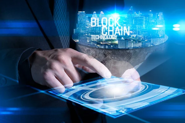 Abstract Image Business Man Hold Blockchain Hologram Hand Concept Cryptocurrency Stock Photo