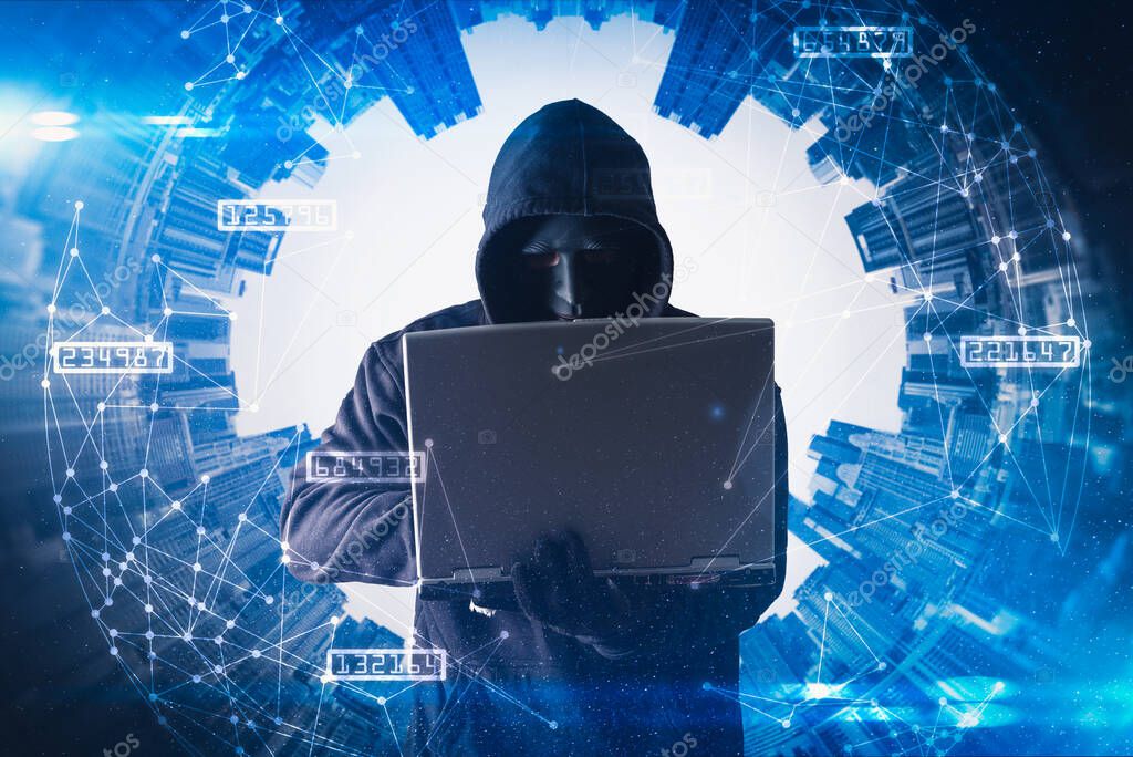 The double exposure image of the hacker using a laptop overlay with binary code image and blurred cityscape is backdrop. the concept of cyber attack, virus, malware, and cyber security.