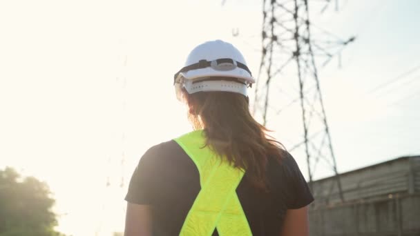 Footage Engineer Inspecting High Voltage Tower Construction Site Concept Engineerings — Stock Video