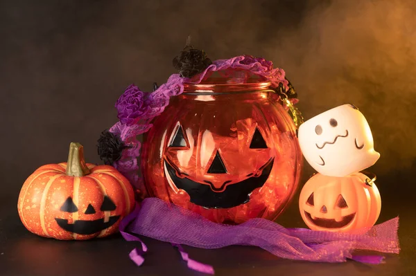 Abóbora Halloween Que Põe Contexto Cor Preta Conceito Halloween Festival — Fotografia de Stock