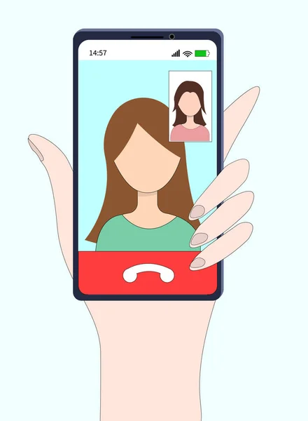 ビデオ通話の概念 友人とのビデオ通話 女性の手は 画面上のスマートフォンを保持 指タッチスクリーン ウェブサイトやバナーデザインのためのベクトルフラット漫画イラスト — ストックベクタ