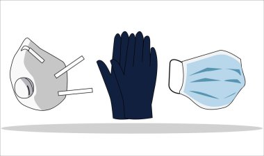 Güvenli nefes alma maskeleri. Endüstriyel güvenlik N95 maskesi, solunum maskesi. Hastane ya da kirlilik yüz maskelerini korur. Çizgi film vektörü izole edilmiş semboller ayarlandı. Tıbbi eldivenler.