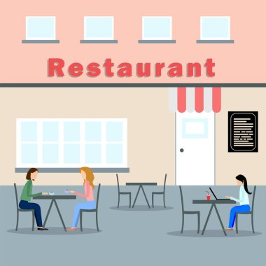 Sokak kafesinin dışı, şehir mimarisi vektör illüstrasyonu. Çizgi film restoranının dışındaki insanlar, erkek kadın için açık hava masaları. Şehir binası, kahve ve tatil, yaz terası..