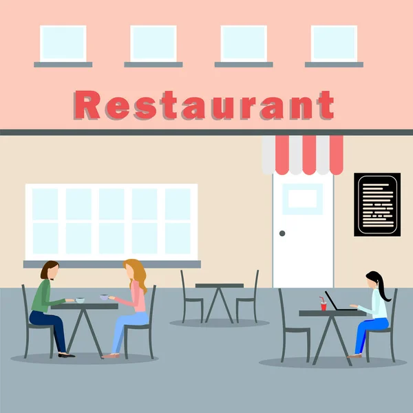 Straat Cafe Exterieur Stad Architectuur Vector Illustratie Mensen Karakter Buiten — Stockvector