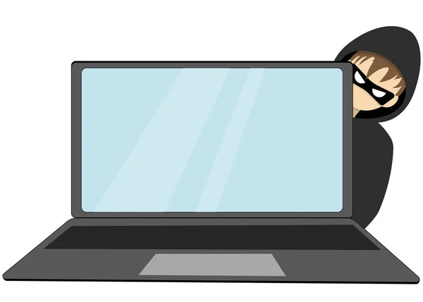 Een hacker. Een man met een capuchon en masker kijkt achter een computermonitor. Vectorillustratie. — Stockvector